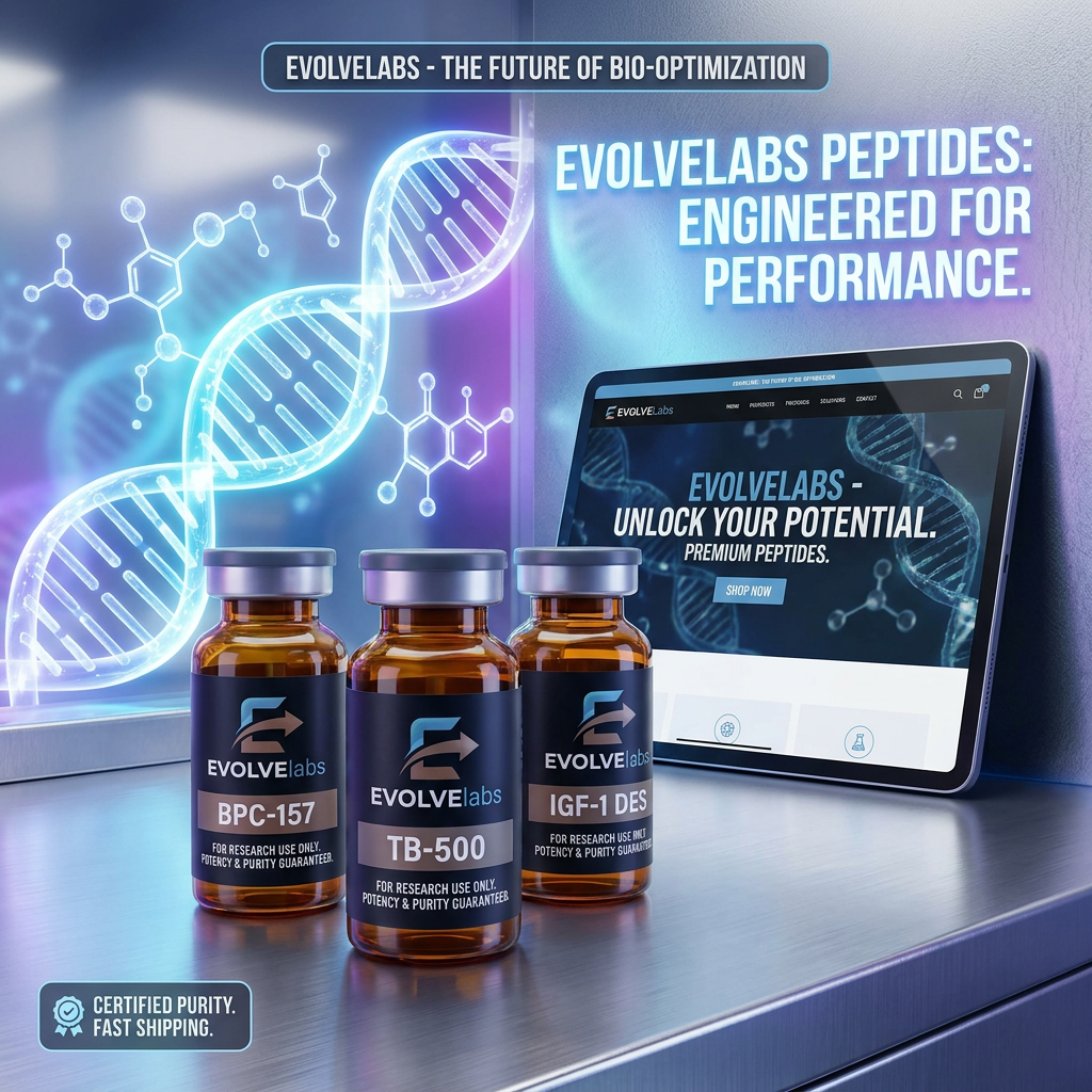 Three EvolveLabs peptide bottles labeled BPC-157, TB-500, and IGF-1 DES on a table next to a tablet displaying EvolveLabs website Retatrutide Bundle